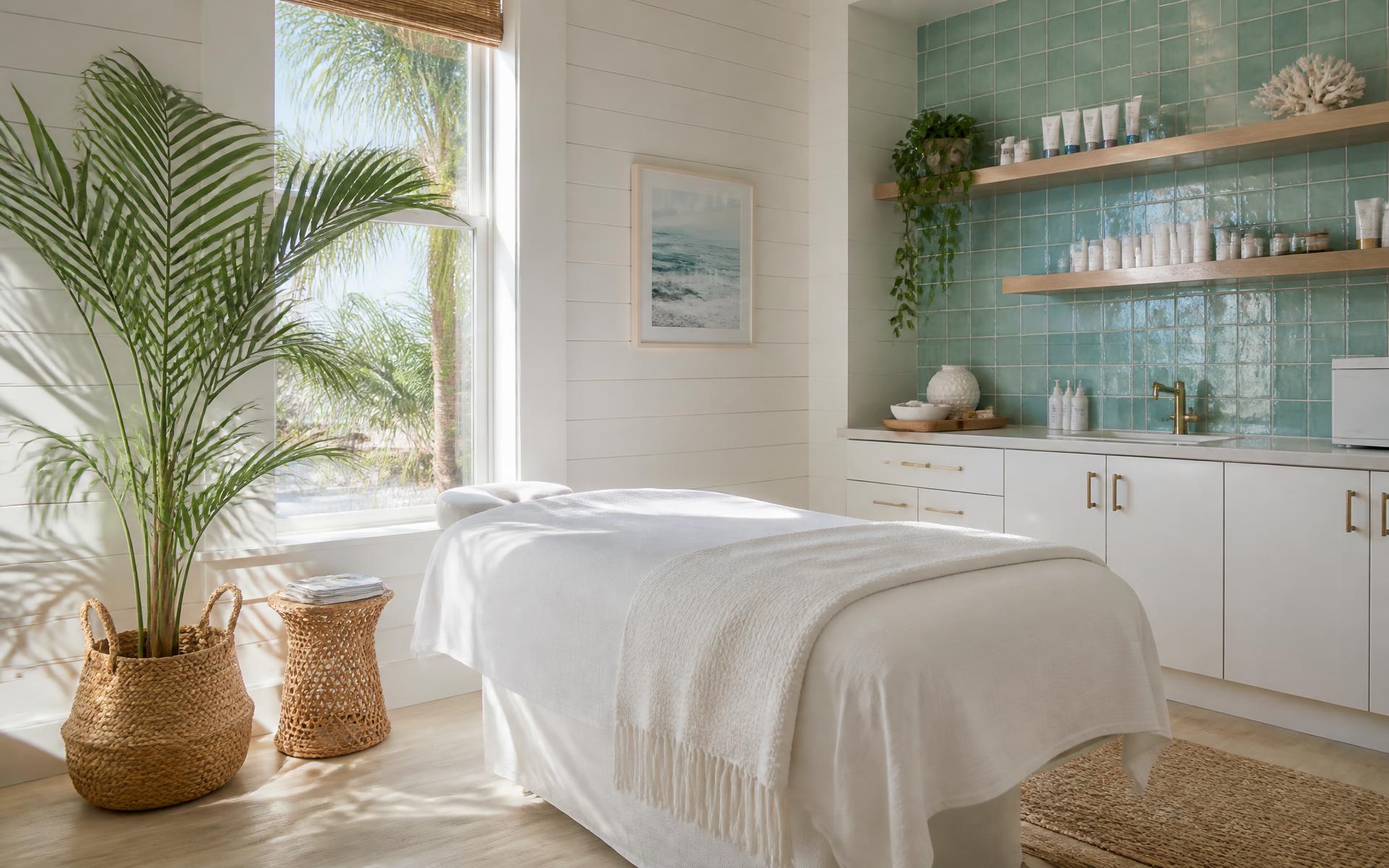 Sunlit spa treatment room with white shiplap walls, turquoise tile and palm fronds