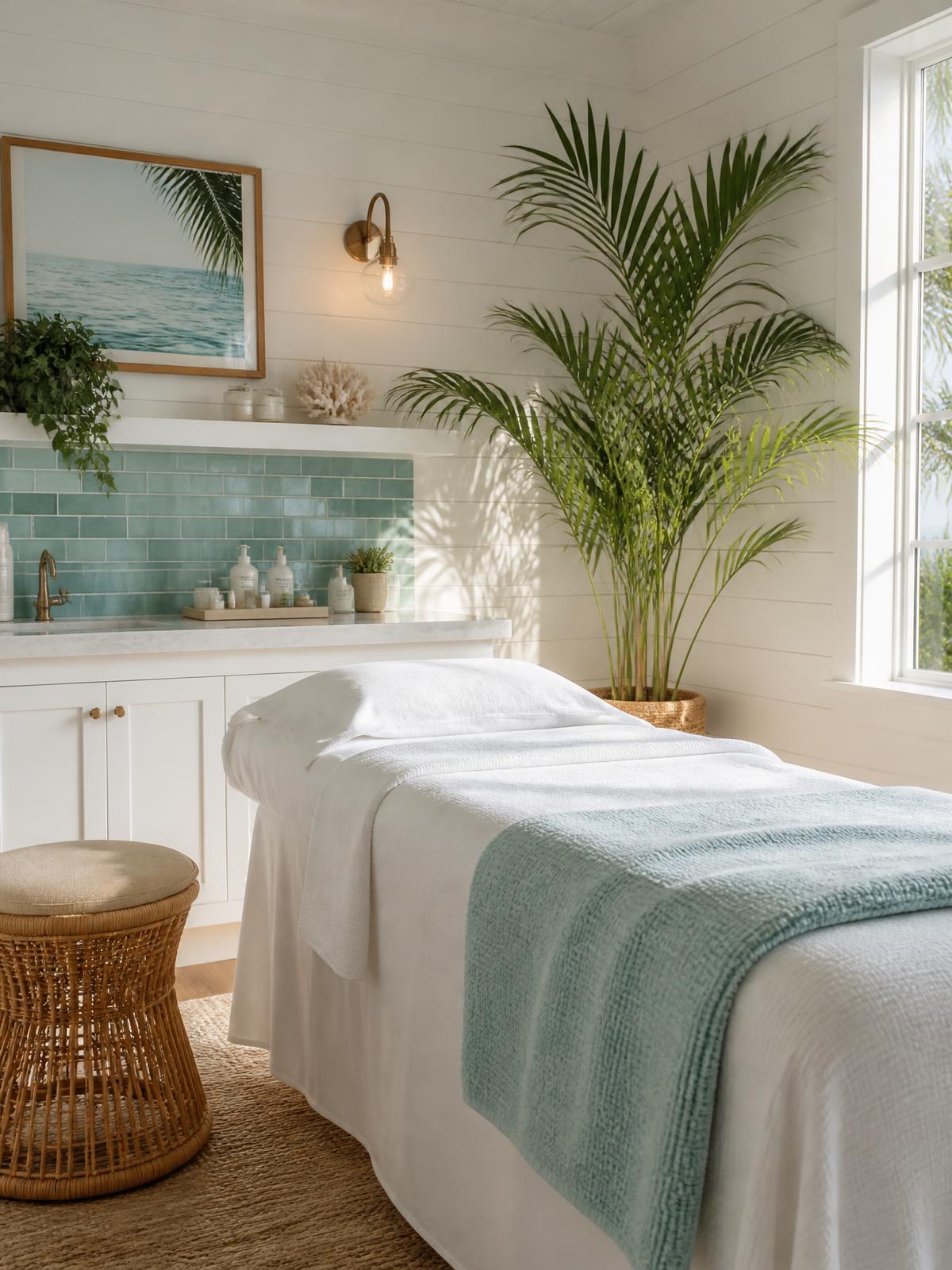 Treatment room with white linens, turquoise tile and a tall potted palm