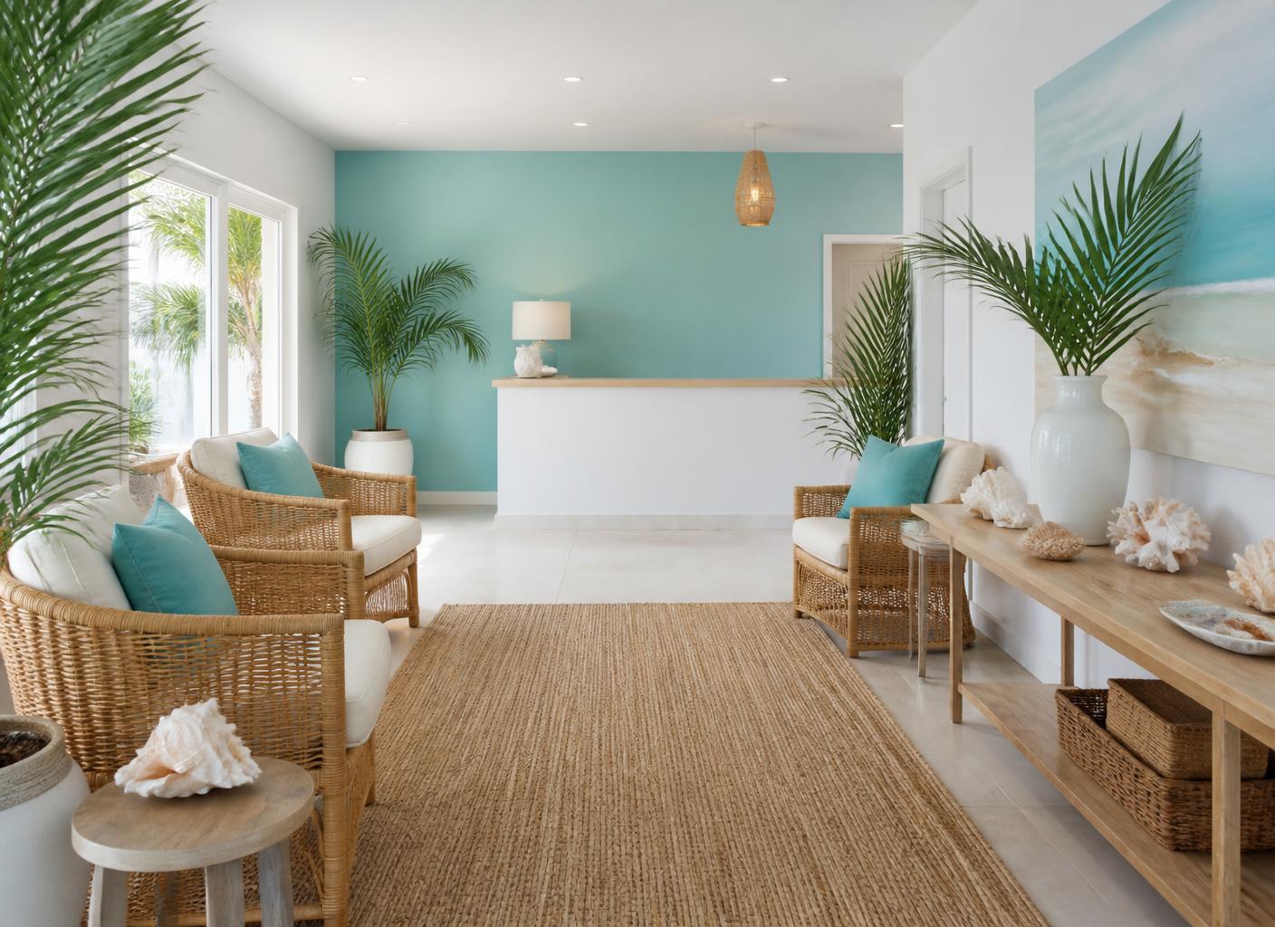 Reception lounge with rattan armchairs, a turquoise accent wall, jute rug and potted palms