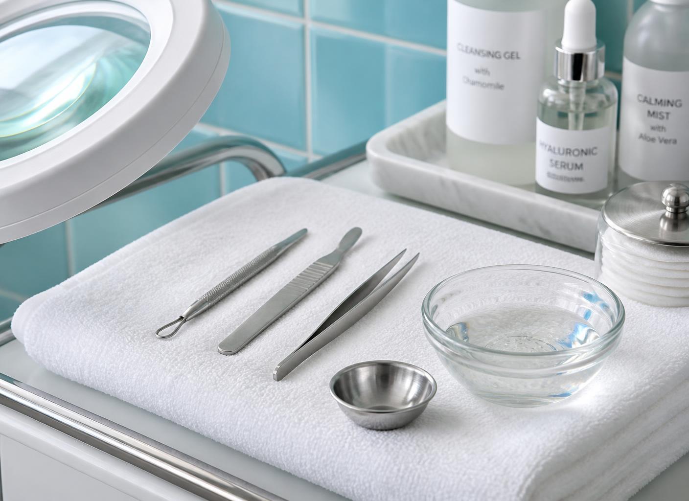 Stainless facial tools laid on a folded white towel beside a glass bowl of serum